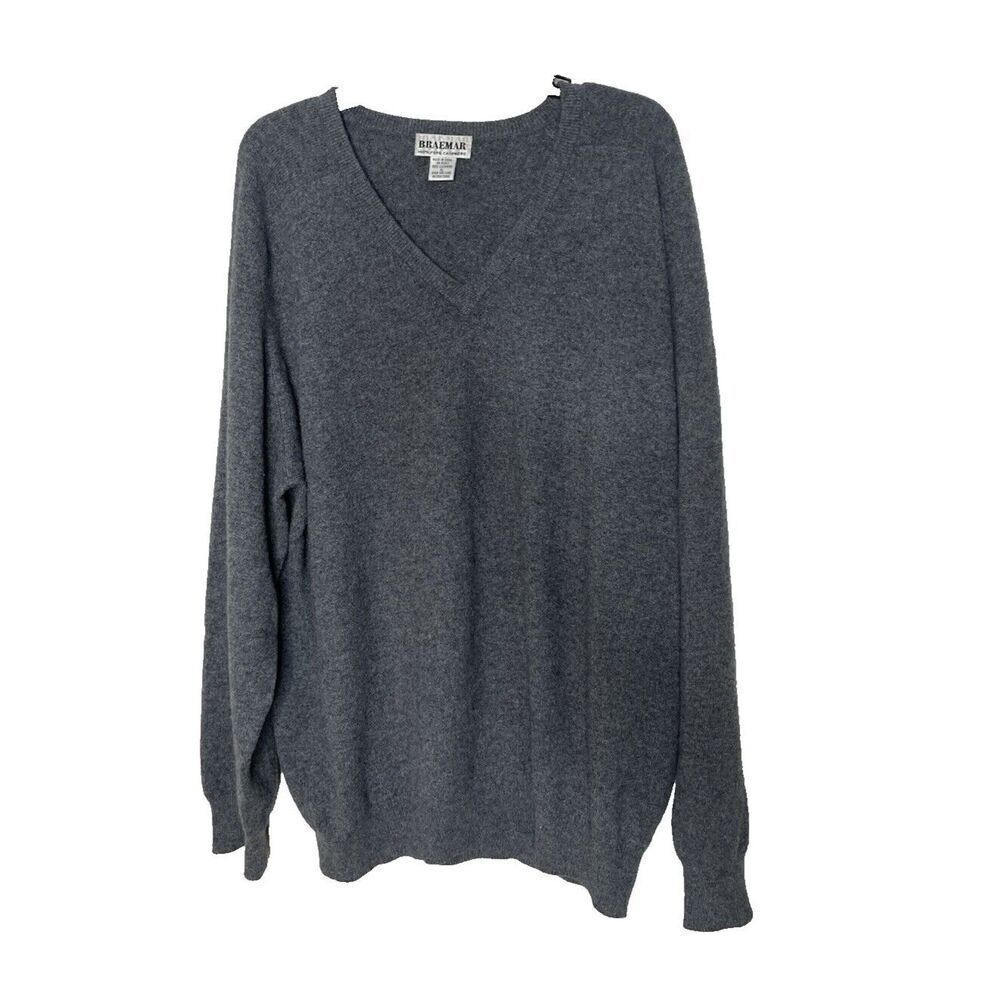 Braemar Size XL Mens 100% Pure Cashmere Gray Sweater Extra Large V Neck